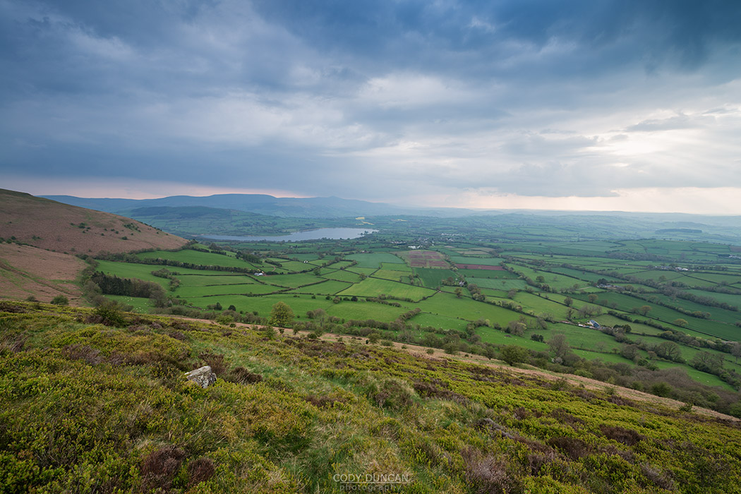 View towards Llangorse lake from Mynydd Llangorse, Brecon Beacons national park, Wales