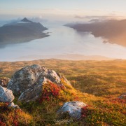 View over Nappstraumen from summit of Offersøykammen, Vestvågøya, Lofoten Islands, Norway